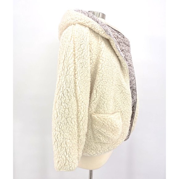 Reversible Teddy Sherpa Fur Open Front Hoodie Jacket With Pockets Cream NWT - Picture 5 of 8